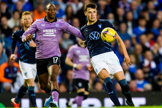 Joe Aribo of Rangers and Anel Ahmedhodzic of Malmö FF