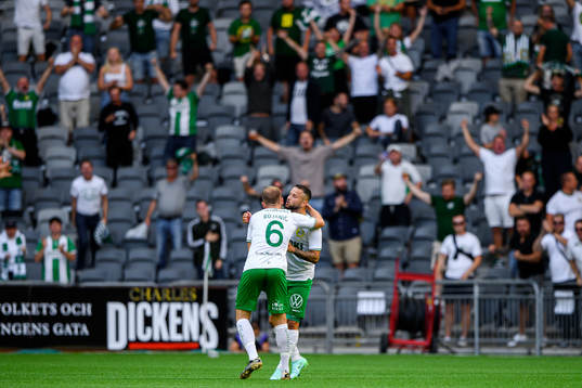 Darijan Bojanic and Mohanad Jeahze of Hammarby celebrate
