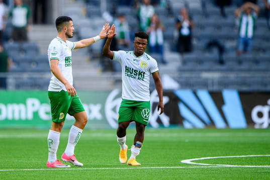 Astrit Selmani and Akinkunmi Amoo of Hammarby celebrate the