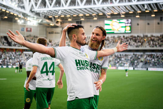 Astrit Selmani and Bjørn Paulsen of Hammarby celebrate the