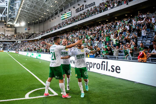 Astrit Selmani of Hammarby celebrates with teammates