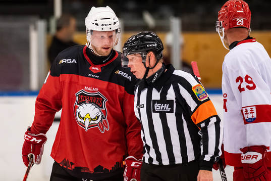 Malmö Redhawks Carl Söderberg i samtal med domare Pehr