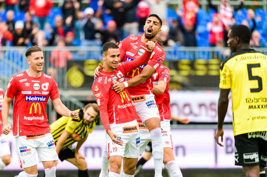 Degerfors Abdelrahman Saidi och Sean Sabetkar jublar