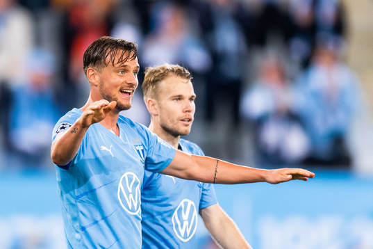 Eric Larsson and Oscar Lewicki of Malmö FF celebrate