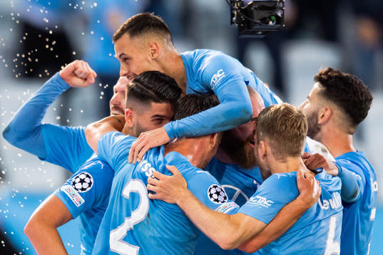 Jo Inge Berget of Malmö FF celebrates with Antonio Colak,