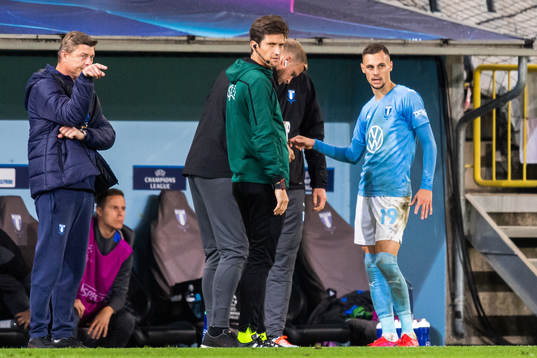 Veljko Birmancevic of Malmö FF receives medical attention