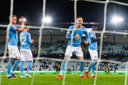 Sören Rieks and Veljko Birmancevic of Malmö FF celebrate