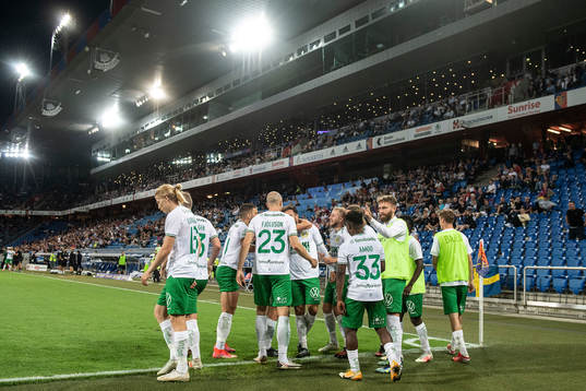 Abdul Khalili of Hammarby celebrate with teammates