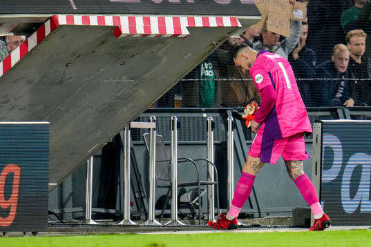 Goalkeeper Justin Bijlow of Feyenoord leaves the pitch