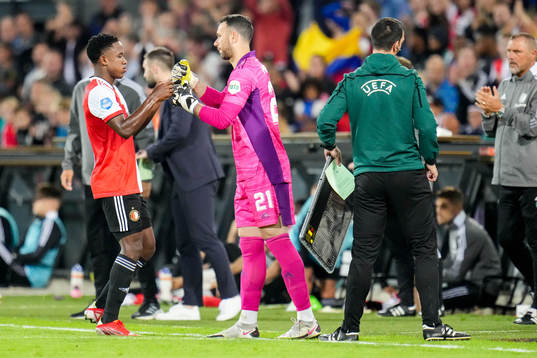 Goalkeeper Justin Bijlow of Feyenoord leaves the pitch