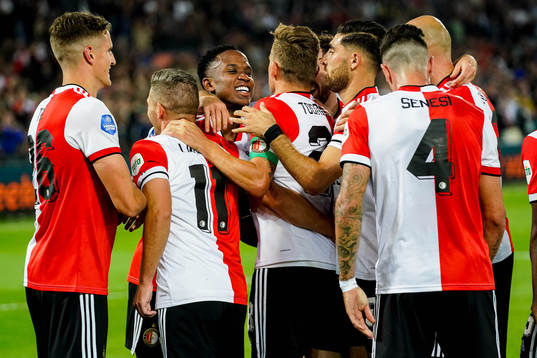 Players of Feyenoord celebrate the 5-0 goal