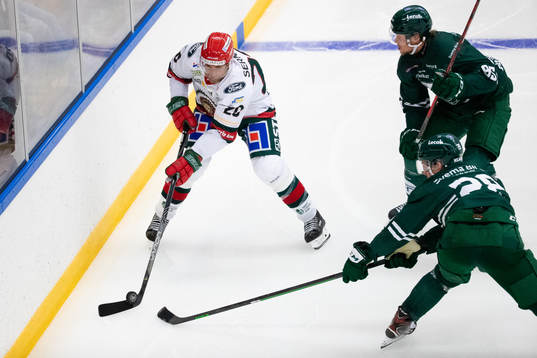 Frölundas Joel Lundqvist och Färjestads Jacob De La Rose