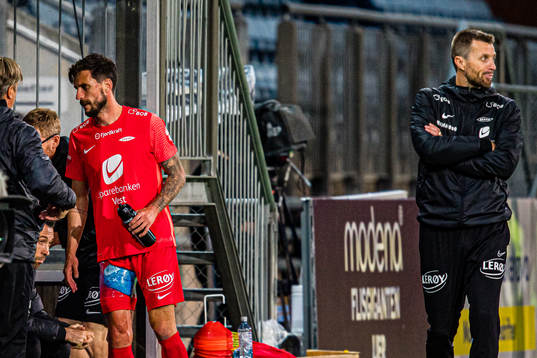 Daniel Alexander Pedersen of Brann leaves the pitch with an