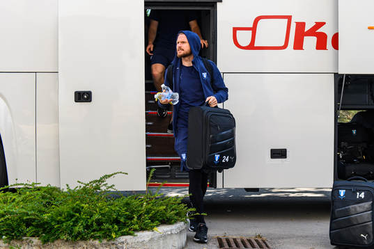 Lasse Nielsen of Malmö FF arrive at the team hotel