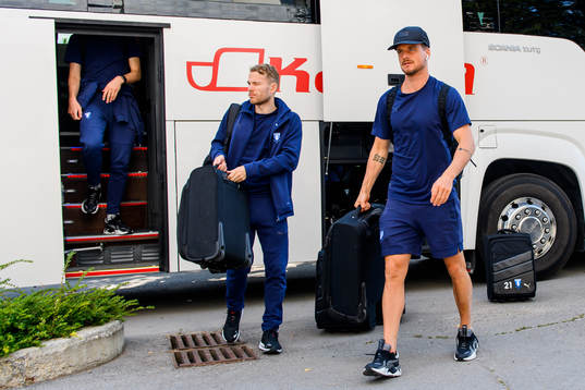 Oscar Lewicki and Eric Larsson of Malmö FF arrive at the