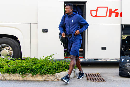 Malik Abubakari of Malmö FF arrive at the team hotel