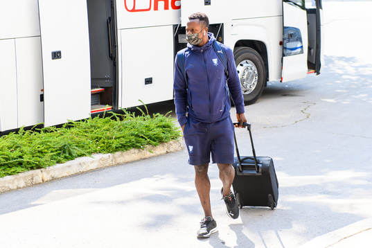 Bonke Innocent of Malmö FF arrive at the team hotel