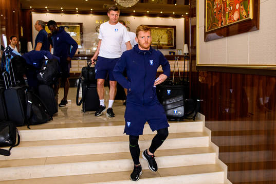 Anders Christiansen of Malmö FF arrive at the team hotel
