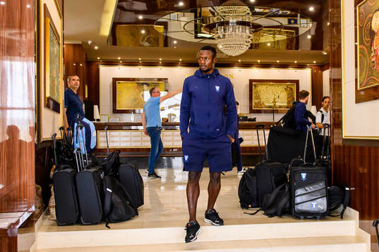 Bonke Innocent of Malmö FF arrive at the team hotel