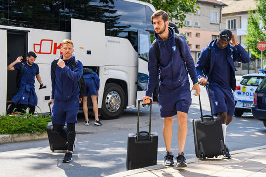 Veljko Birmancevic and Adi Nalic of Malmö FF arrive at the
