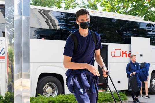 Peter Gwargis of Malmö FF arrive at the team hotel