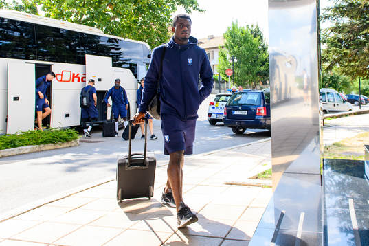 Malik Abubakari of Malmö FF arrive at the team hotel