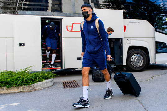 Peter Gwargis of Malmö FF arrive at the team hotel