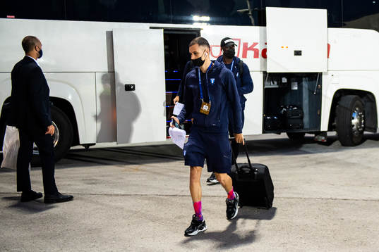 Veljko Birmancevic of Malmö FF arrive at the arena