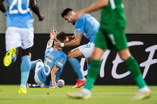 Sören Rieks of Malmö FF celebrate with Antonio Colak