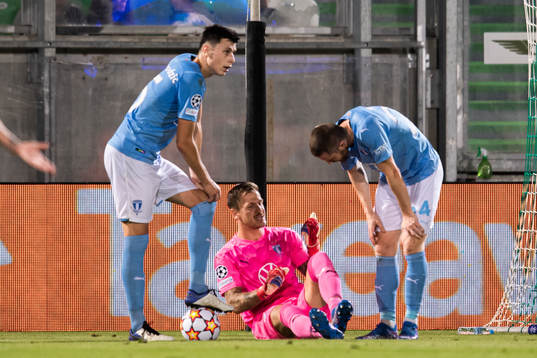 Goalkeeper Johan Dahlin of Malmö FF in pain