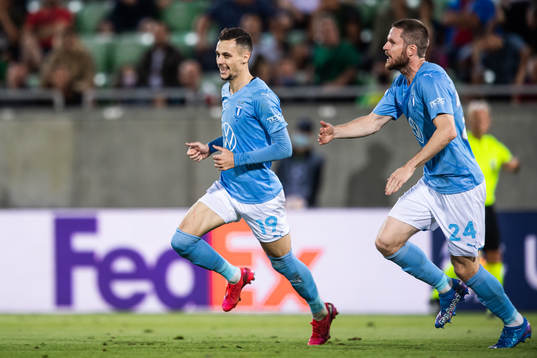 Veljko Birmancevic of Malmö FF celebrate with Lasse Nielsen