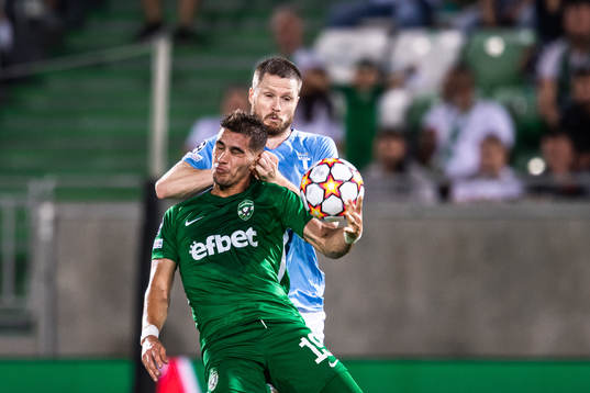 Lasse Nielsen of Malmö FF and Pieros Sotiriou of Ludogorets