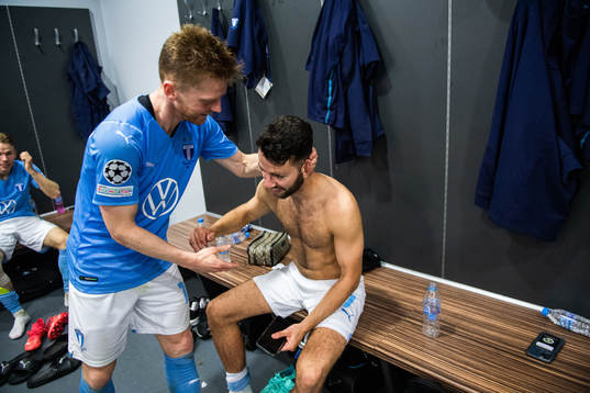 Anders Christiansen and Erdal Rakip of Malmö FF celebrate