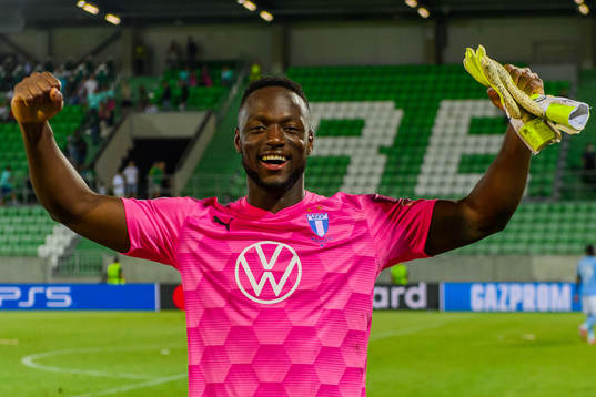Goalkeeper Ismael Diawara of Malmö FF celebrates
