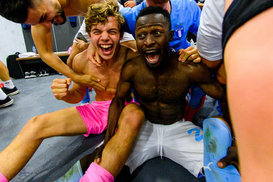 Goalkeeper Melker Ellborg and Bonke Innocent celebrate in