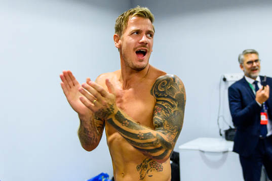 Goalkeeper Johan Dahlin of Malmö FF celebrate in the