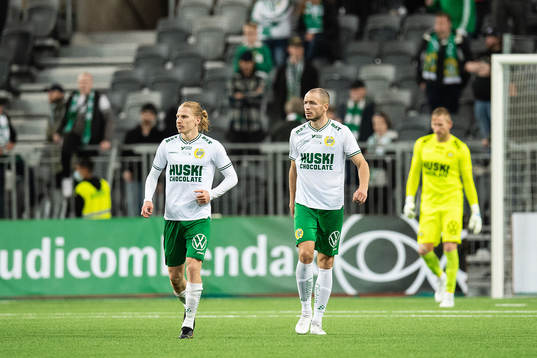 Gustav Ludwigson and Jon Gudni Fjoluson of Hammarby looks