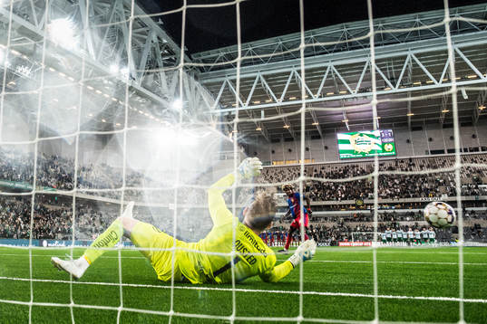 Goalkeeper David Ousted of Hammarby saves a penalty from