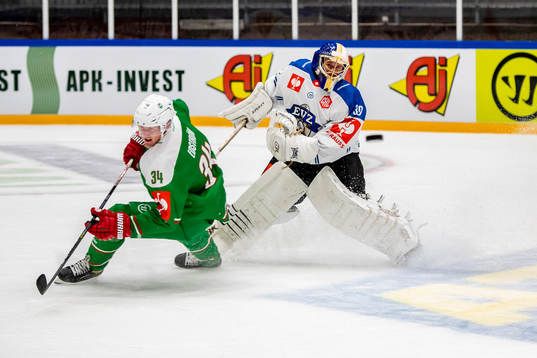 Adam Edström of Rögle and of goalkeeper Leonardo Genoni
