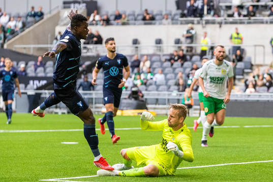 Malmö FFs Malik Abubakari och Hammarbys målvakt David