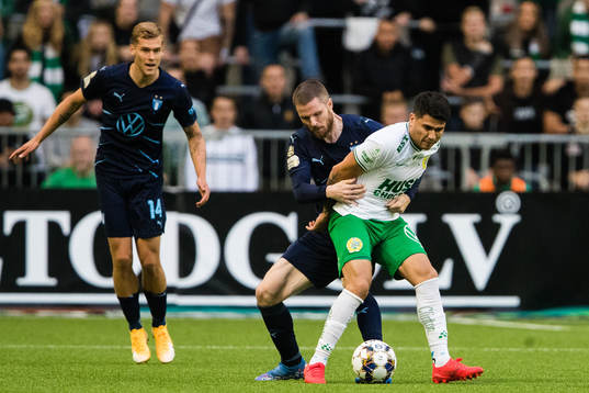 Malmö FFs Felix Beijmo och Lasse Nielsen försvarar sig