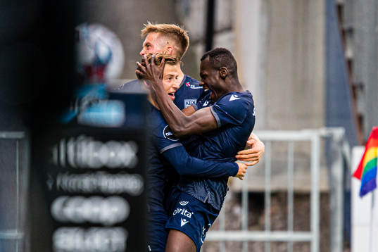 Agon Mucolli of Kristiansund celebrates with Moses Dramwi