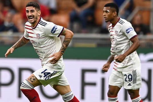 Alessandro Deiola of Cagliari celebrates scoring a goal