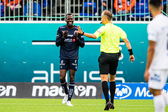 Moses Dramwi Mawa of Kristiansund reacts