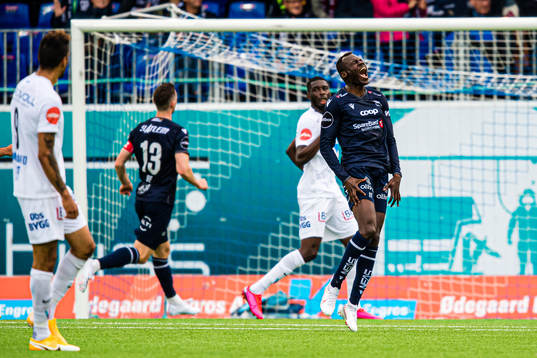 Moses Dramwi Mawa of Kristiansund reacts