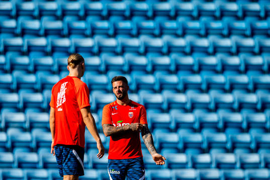 Erling Braut Haaland and Aron Dønnum of the Norwegian