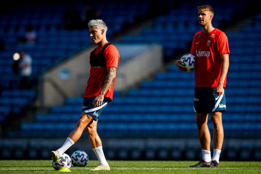 Mathias Normann and Kristoffer Ajer of the Norwegian