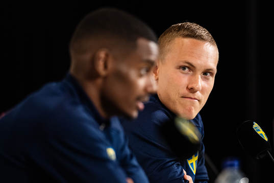 Ludwig Augustinsson and Alexander Isak of the Swedish