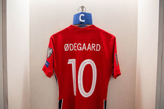 The kit of Martin Ødegaard of Norway in the dressing room