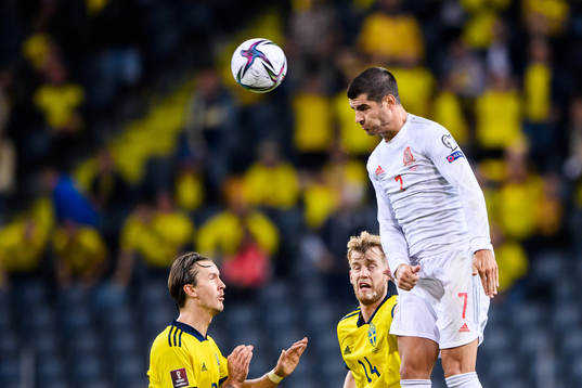 Alvaro Morata of Spain against Kristoffer Olsson and Filip
